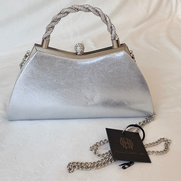 House of Harlow 1960 Metallic Silver Iridescent Rhinestone Beaded Handbag Purse - Picture 12 of 17